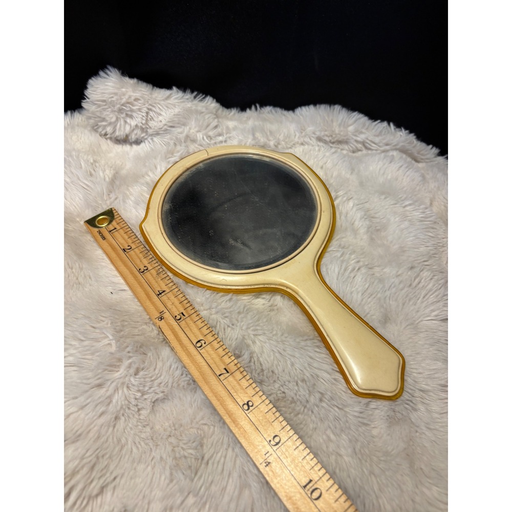 Vintage Celluloid Hand Mirror Cream Amber Trim Art Deco Vanity Decor 9.75 Inch